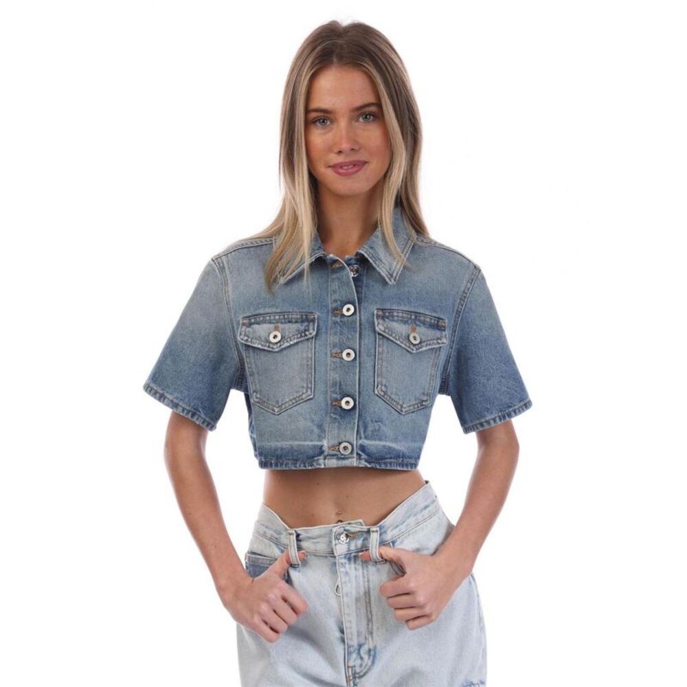 Off White Womens/Ladies Corporate Denim Cropped Shirt / Blue/White